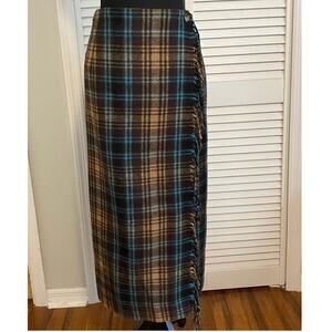 Cambridge Country Brown and‎ Teal Blue Wool Plaid Wrap Skirt 90s